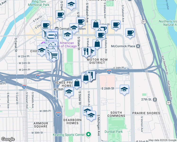map of restaurants, bars, coffee shops, grocery stores, and more near 24th Place in Chicago
