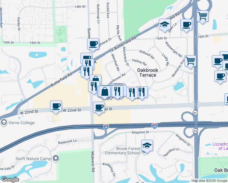 map of restaurants, bars, coffee shops, grocery stores, and more near 17W436 Karban Road in Oakbrook Terrace