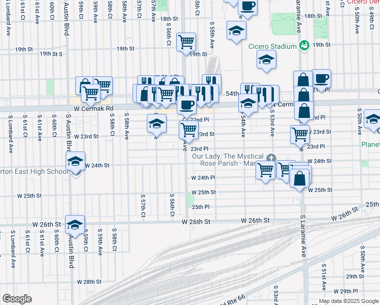 map of restaurants, bars, coffee shops, grocery stores, and more near 2319 South Central Avenue in Cicero