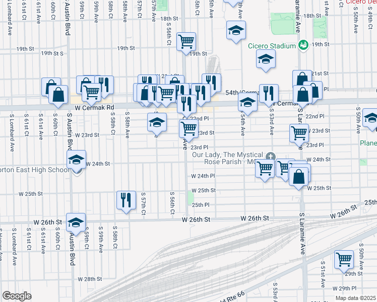 map of restaurants, bars, coffee shops, grocery stores, and more near 2331 South Central Avenue in Cicero
