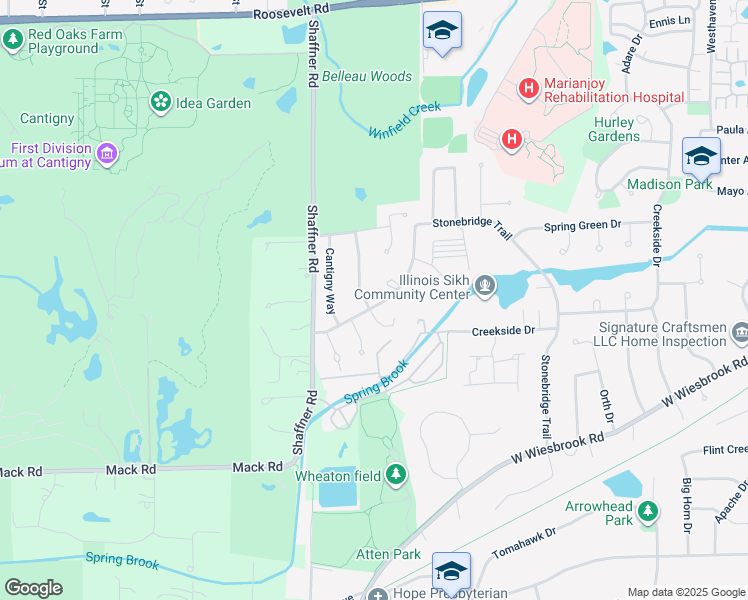 map of restaurants, bars, coffee shops, grocery stores, and more near 1542 South County Farm Road in Wheaton