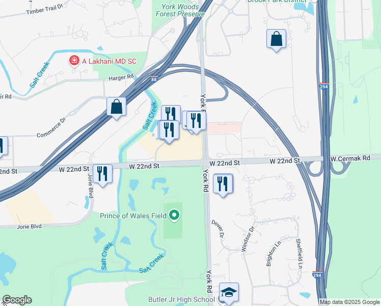 map of restaurants, bars, coffee shops, grocery stores, and more near 2122 York Road in Oak Brook