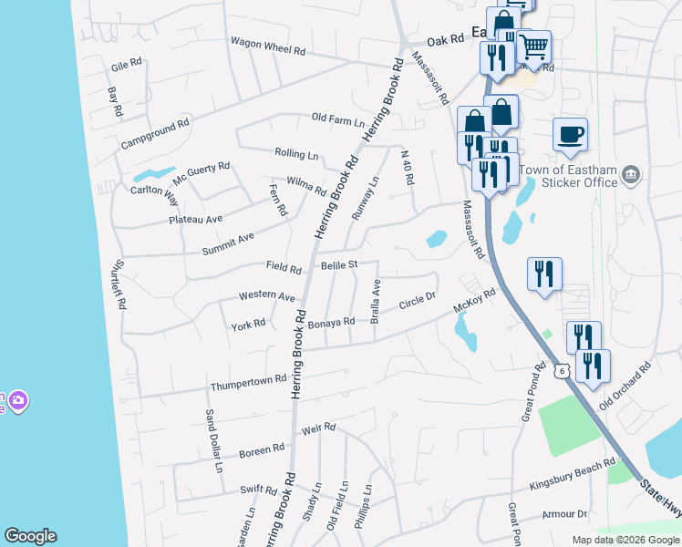 map of restaurants, bars, coffee shops, grocery stores, and more near 80 Milbrode Avenue in Eastham