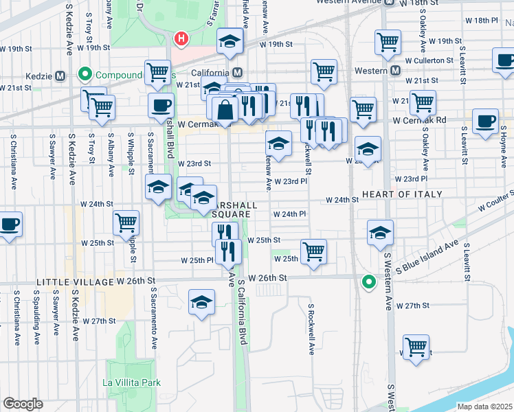map of restaurants, bars, coffee shops, grocery stores, and more near 2719 West 24th Street in Chicago