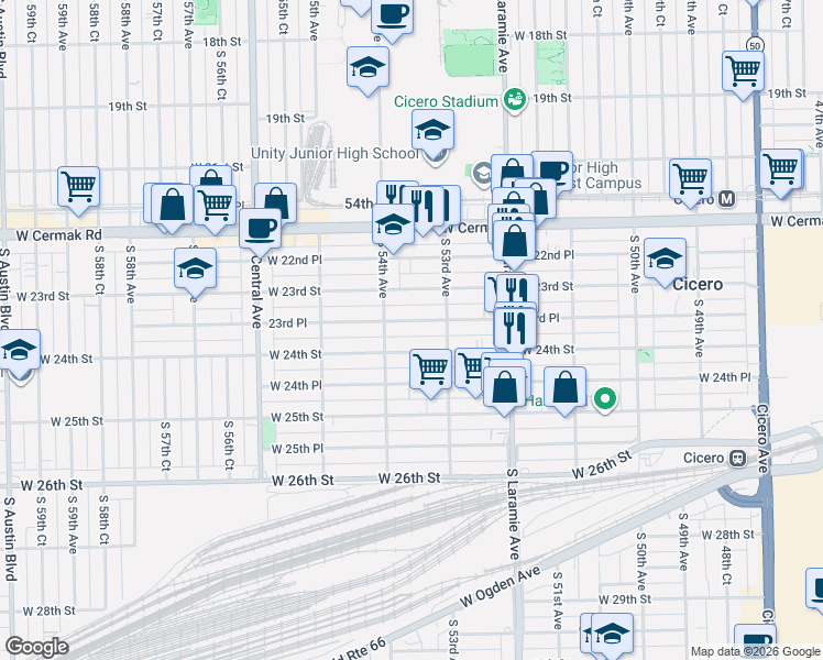 map of restaurants, bars, coffee shops, grocery stores, and more near 5320 23rd Place in Cicero