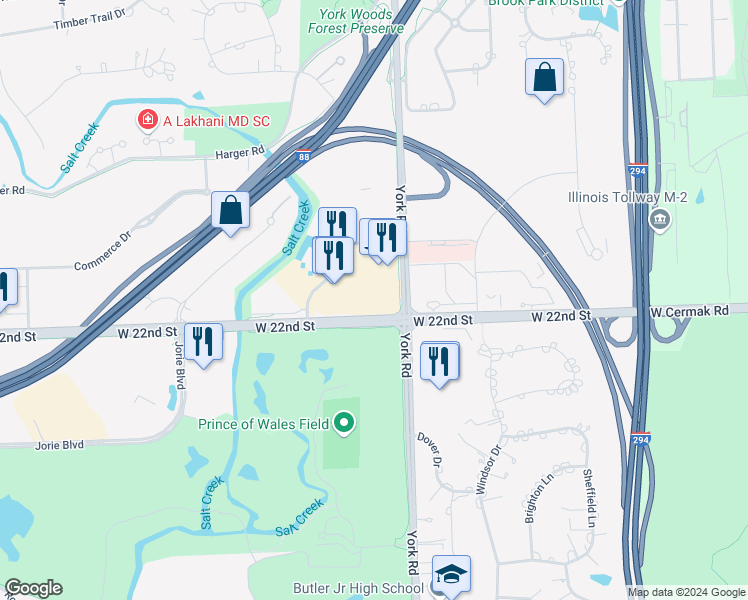 map of restaurants, bars, coffee shops, grocery stores, and more near 2122 York Road in Oak Brook