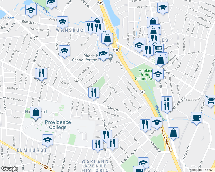 map of restaurants, bars, coffee shops, grocery stores, and more near 36 Anchor Street in Providence