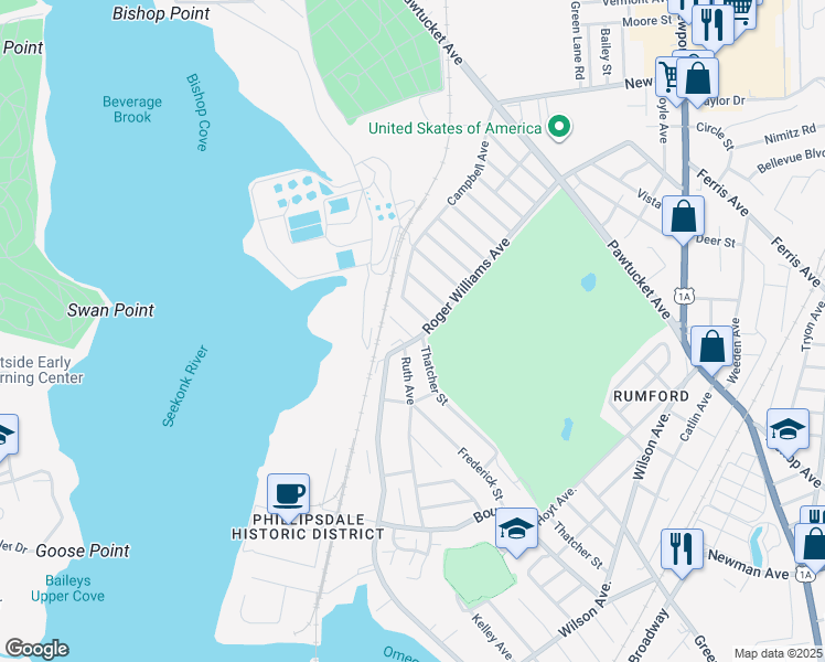 map of restaurants, bars, coffee shops, grocery stores, and more near 20 Albert Avenue in East Providence