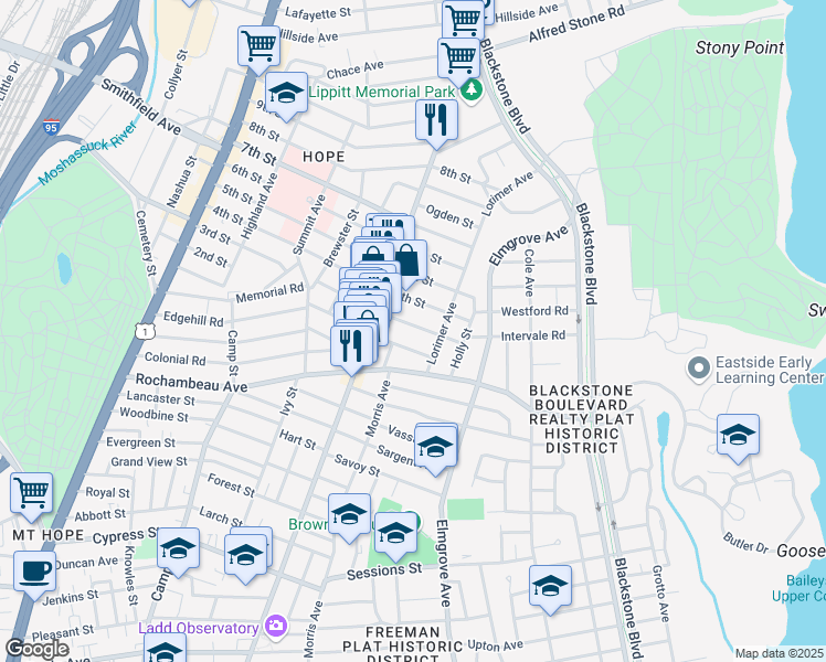 map of restaurants, bars, coffee shops, grocery stores, and more near 92 Lauriston Street in Providence