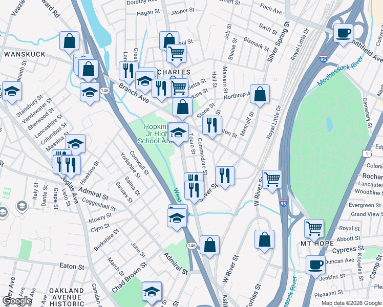 map of restaurants, bars, coffee shops, grocery stores, and more near 485 Charles Street in Providence