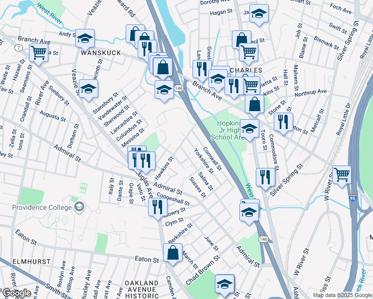 map of restaurants, bars, coffee shops, grocery stores, and more near 120 Yorkshire Street in Providence