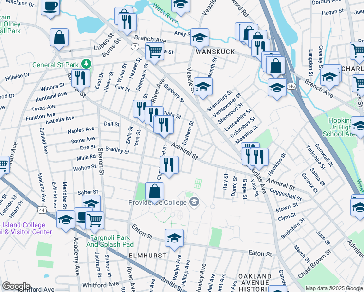 map of restaurants, bars, coffee shops, grocery stores, and more near 105 Devonshire Street in Providence