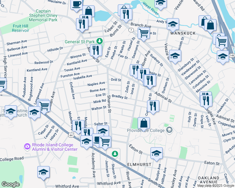 map of restaurants, bars, coffee shops, grocery stores, and more near 30 Tidd Street in Providence