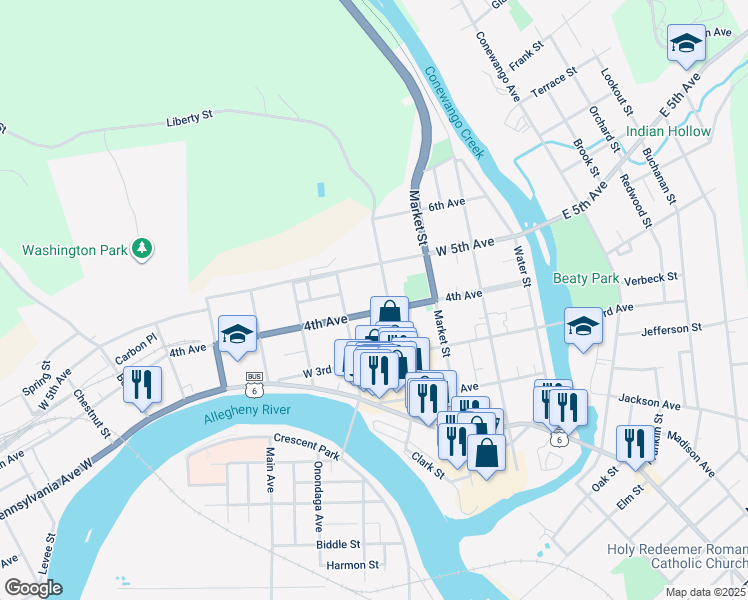 map of restaurants, bars, coffee shops, grocery stores, and more near 403 Liberty Street in Warren