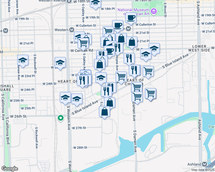 map of restaurants, bars, coffee shops, grocery stores, and more near 2133 West 24th Street in Chicago