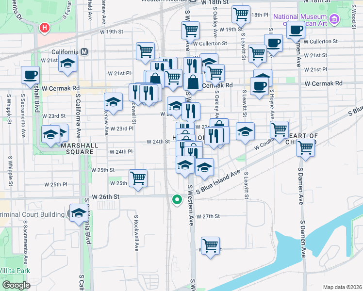 map of restaurants, bars, coffee shops, grocery stores, and more near 2448 West 24th Street in Chicago