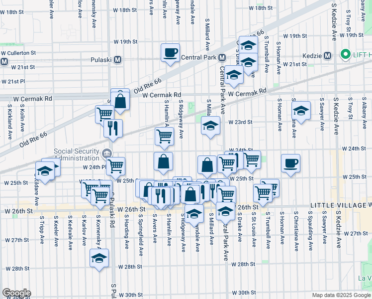 map of restaurants, bars, coffee shops, grocery stores, and more near 2346 South Ridgeway Avenue in Chicago