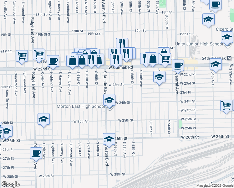 map of restaurants, bars, coffee shops, grocery stores, and more near 2314 South 59th Court in Cicero