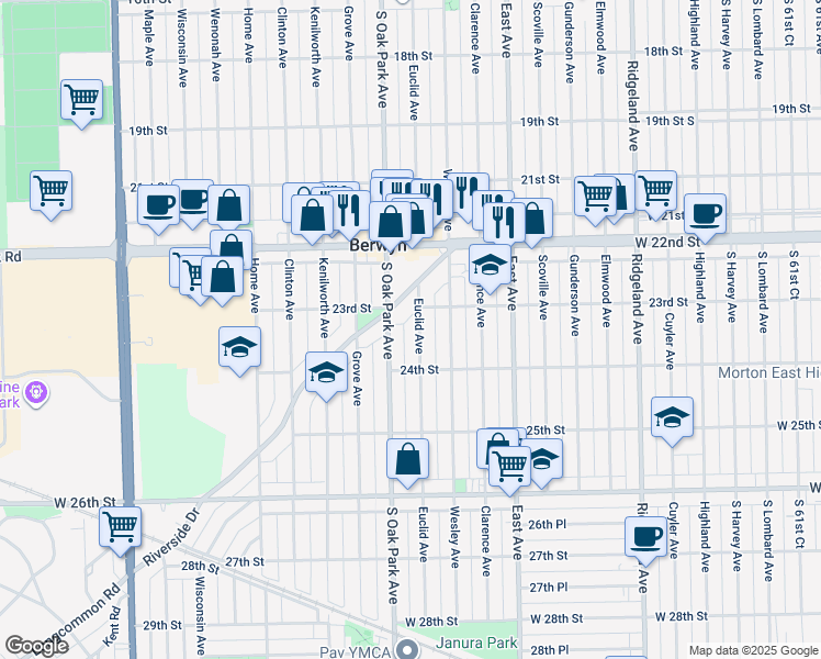 map of restaurants, bars, coffee shops, grocery stores, and more near 2307 Euclid Avenue in Berwyn