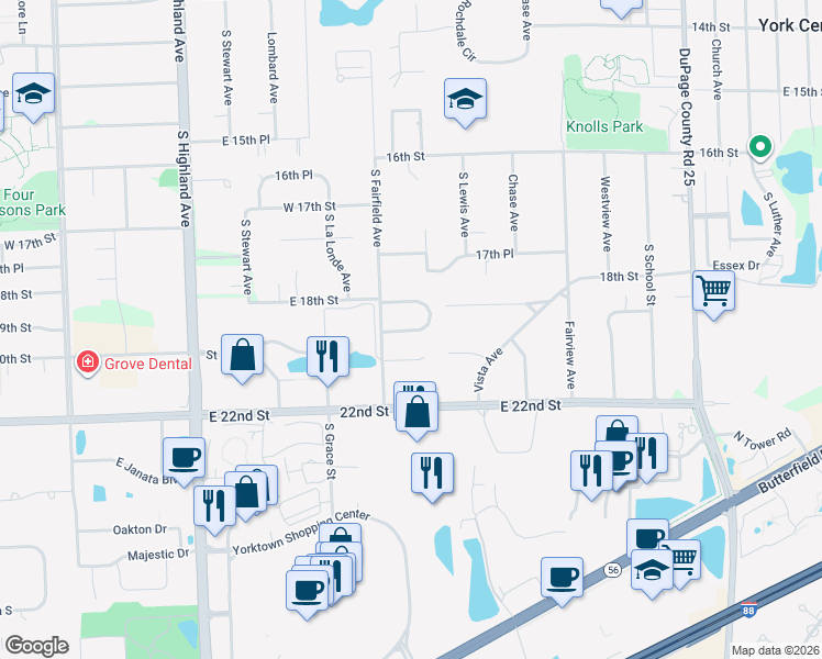 map of restaurants, bars, coffee shops, grocery stores, and more near 517 Rosebud Drive North in Lombard