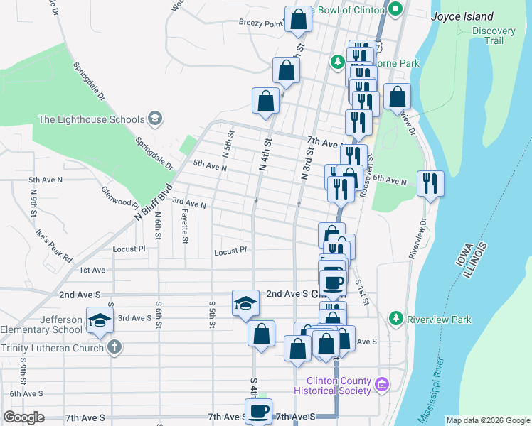 map of restaurants, bars, coffee shops, grocery stores, and more near 327 4th Avenue North in Clinton