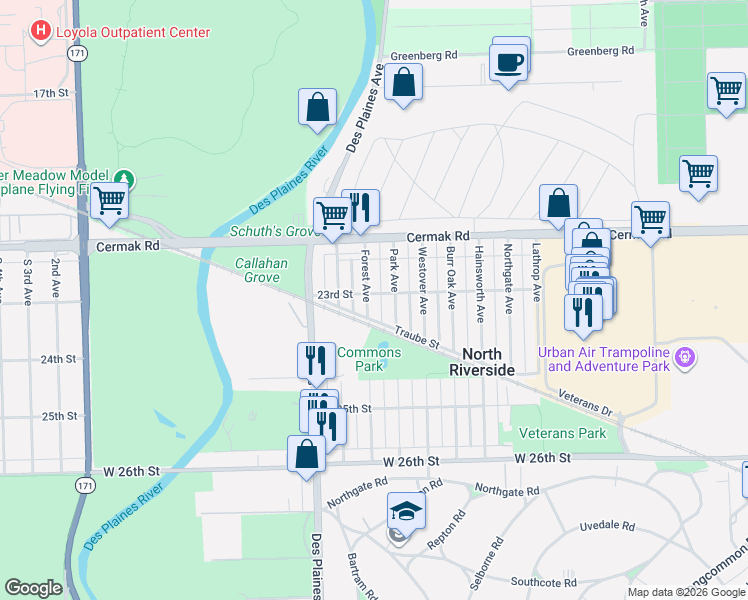 map of restaurants, bars, coffee shops, grocery stores, and more near 2305 Forest Avenue in North Riverside