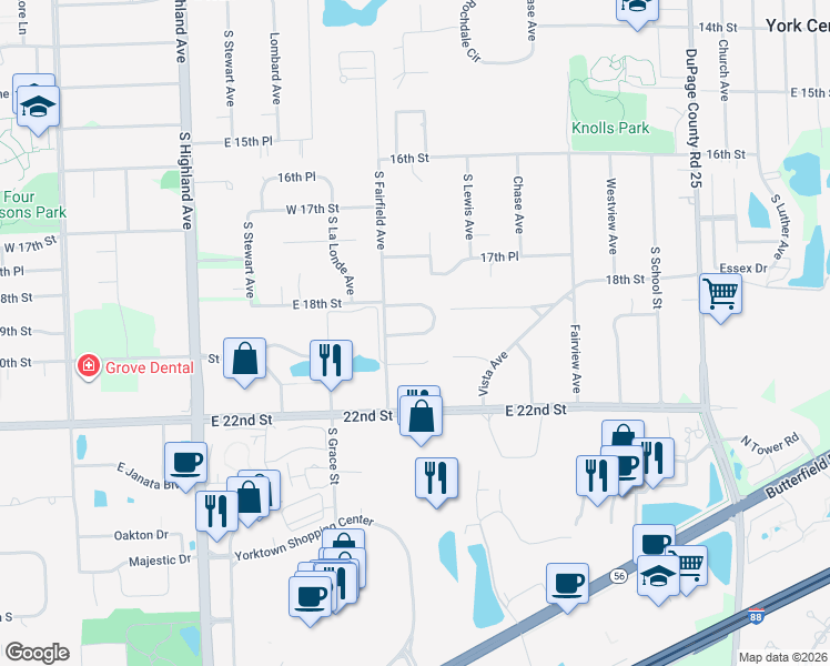 map of restaurants, bars, coffee shops, grocery stores, and more near 517 Rosebud Drive North in Lombard