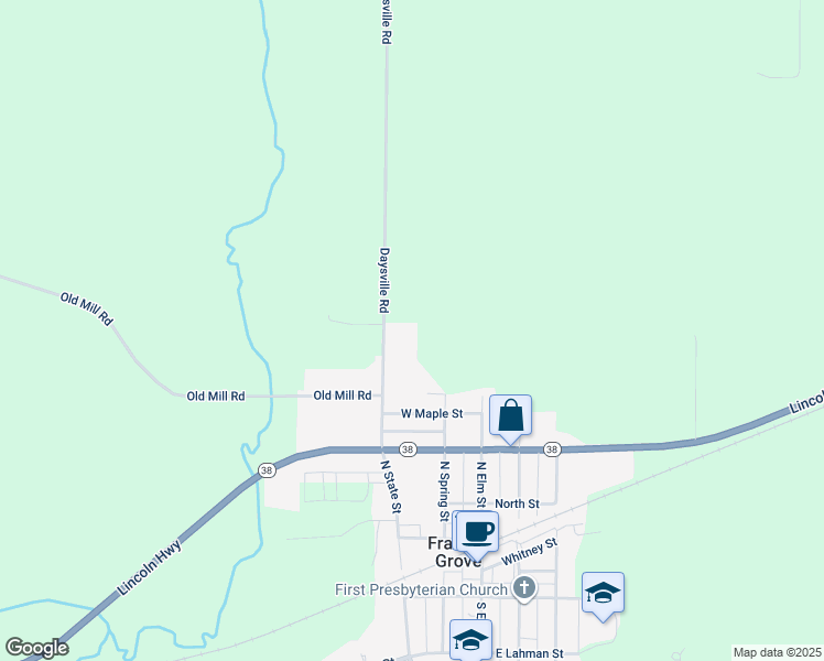 map of restaurants, bars, coffee shops, grocery stores, and more near 510 North State Street in Franklin Grove