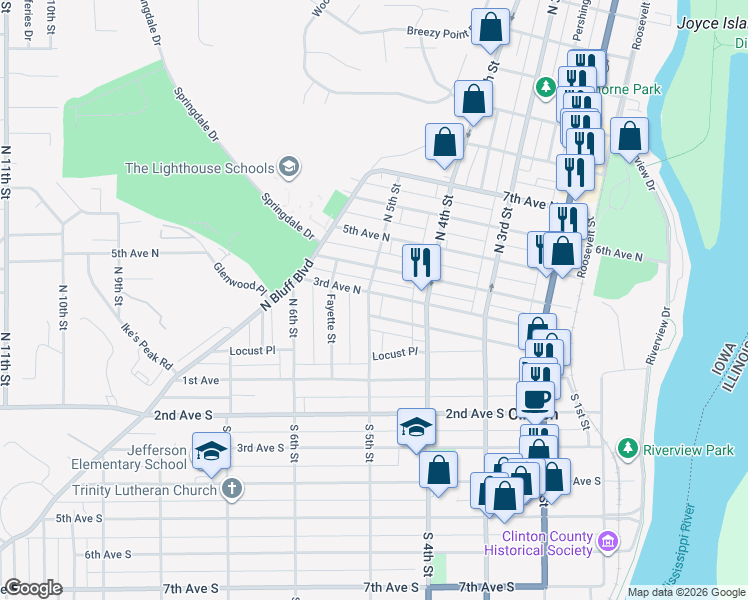 map of restaurants, bars, coffee shops, grocery stores, and more near 434 3rd Avenue North in Clinton