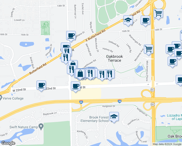 map of restaurants, bars, coffee shops, grocery stores, and more near 17W436 Karban Road in Oakbrook Terrace