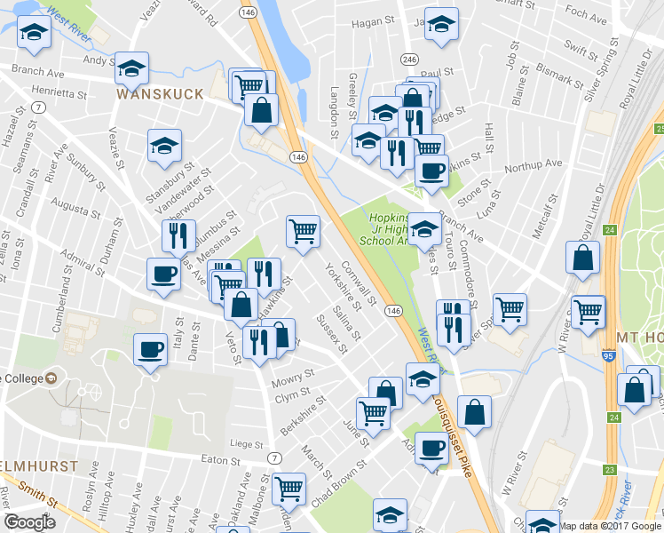 map of restaurants, bars, coffee shops, grocery stores, and more near 97 Yorkshire Street in Providence