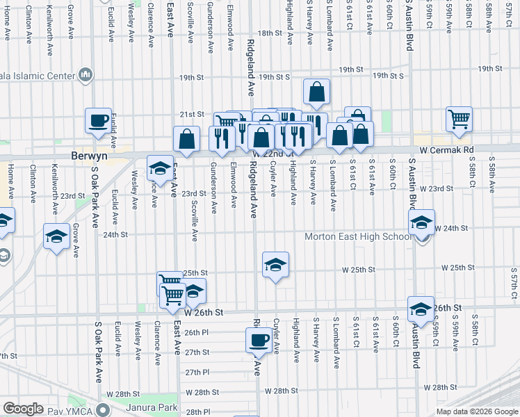 map of restaurants, bars, coffee shops, grocery stores, and more near in Berwyn