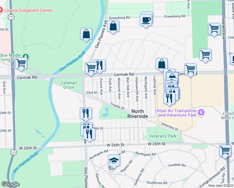 map of restaurants, bars, coffee shops, grocery stores, and more near 2257 Park Avenue in North Riverside