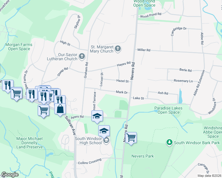 map of restaurants, bars, coffee shops, grocery stores, and more near 83 Mark Drive in South Windsor