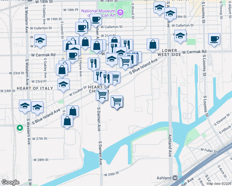 map of restaurants, bars, coffee shops, grocery stores, and more near 2576 South Wolcott Avenue in Chicago