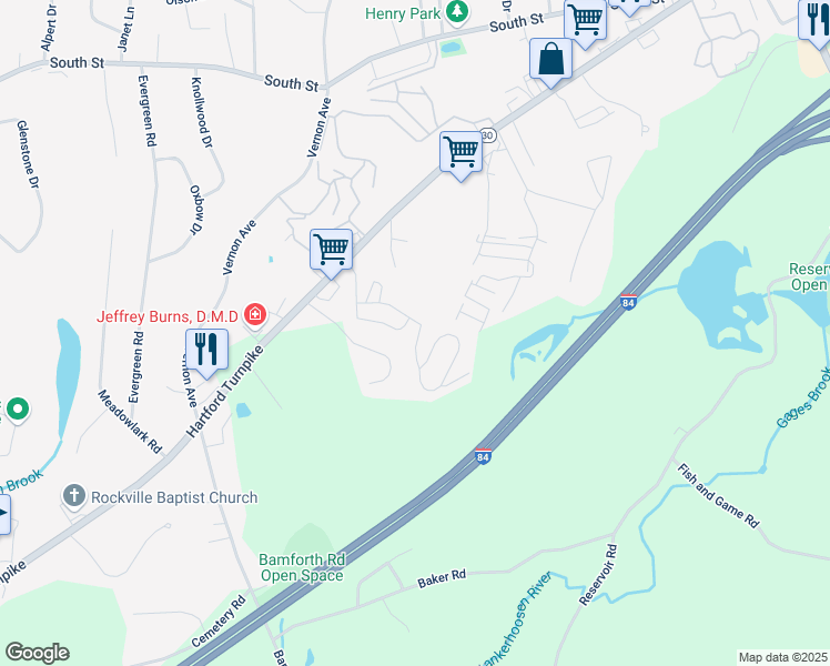 map of restaurants, bars, coffee shops, grocery stores, and more near 15 Stonewood Terrace in Vernon