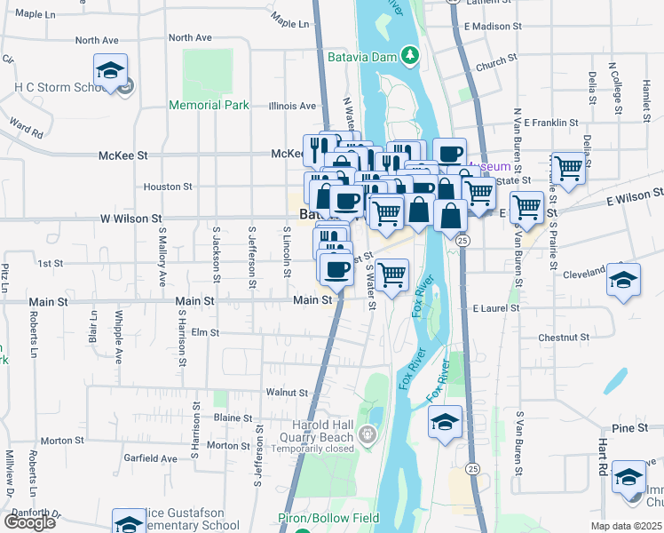 map of restaurants, bars, coffee shops, grocery stores, and more near 318 1st Street in Batavia