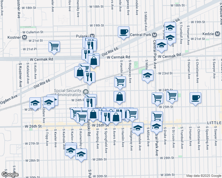 map of restaurants, bars, coffee shops, grocery stores, and more near 3836 West 24th Street in Chicago