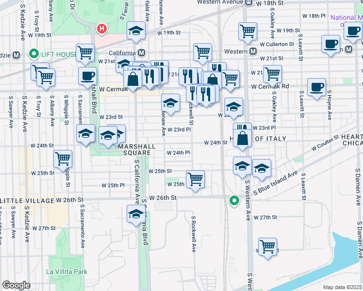map of restaurants, bars, coffee shops, grocery stores, and more near 2621 West 24th Street in Chicago