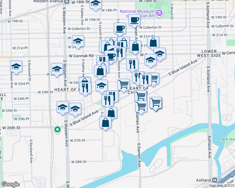 map of restaurants, bars, coffee shops, grocery stores, and more near 2409 South Hoyne Avenue in Chicago