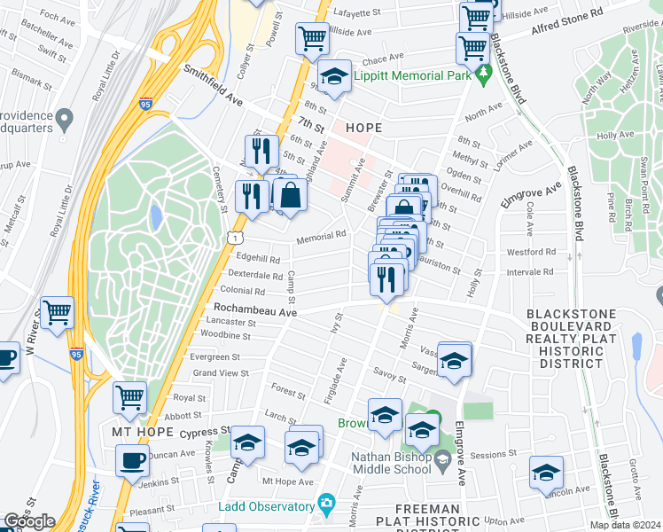 map of restaurants, bars, coffee shops, grocery stores, and more near 18 Edgehill Road in Providence