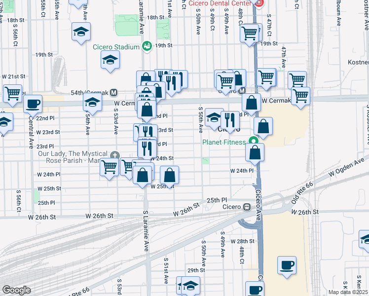 map of restaurants, bars, coffee shops, grocery stores, and more near 5016 23rd Place in Cicero