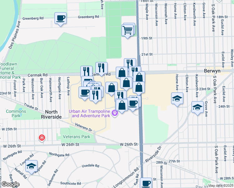 map of restaurants, bars, coffee shops, grocery stores, and more near Federal Drive in North Riverside