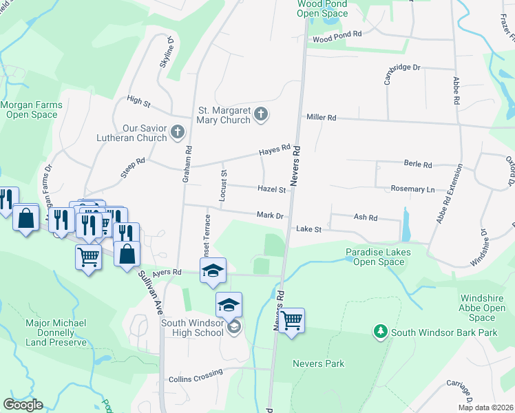 map of restaurants, bars, coffee shops, grocery stores, and more near 83 Mark Drive in South Windsor