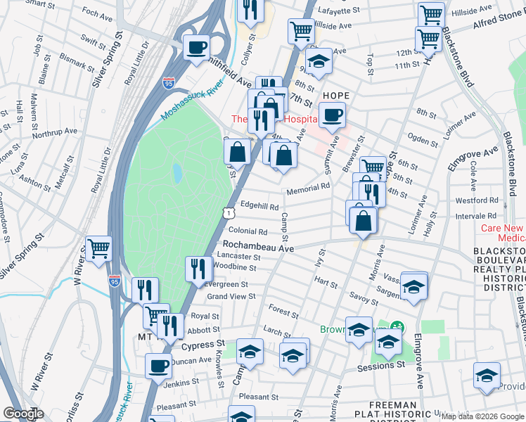 map of restaurants, bars, coffee shops, grocery stores, and more near 300 Camp Street in Providence