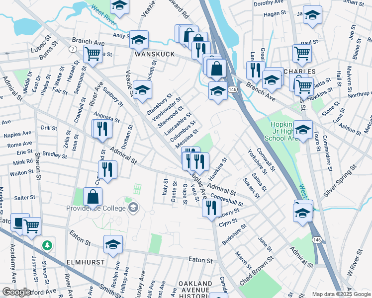 map of restaurants, bars, coffee shops, grocery stores, and more near 38 Virginia Lane in Providence