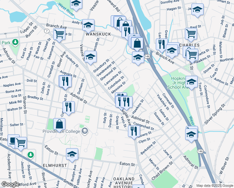 map of restaurants, bars, coffee shops, grocery stores, and more near 38 Virginia Lane in Providence