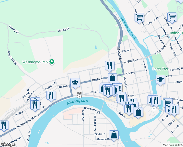 map of restaurants, bars, coffee shops, grocery stores, and more near 420 Poplar St in Warren