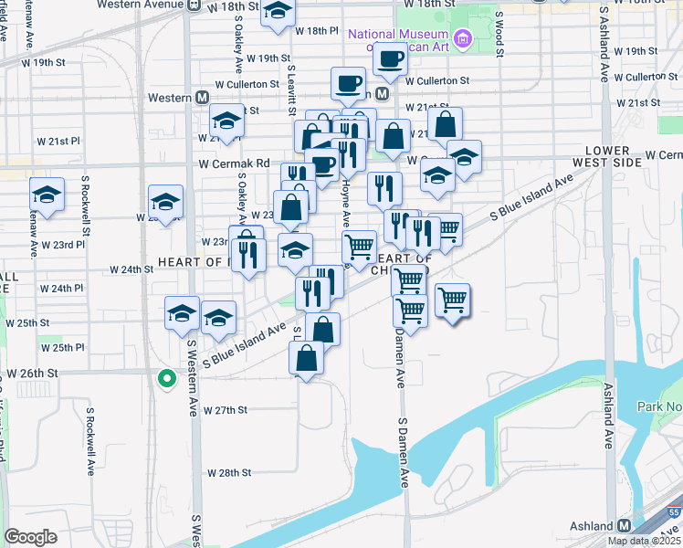 map of restaurants, bars, coffee shops, grocery stores, and more near 2409 South Hoyne Avenue in Chicago