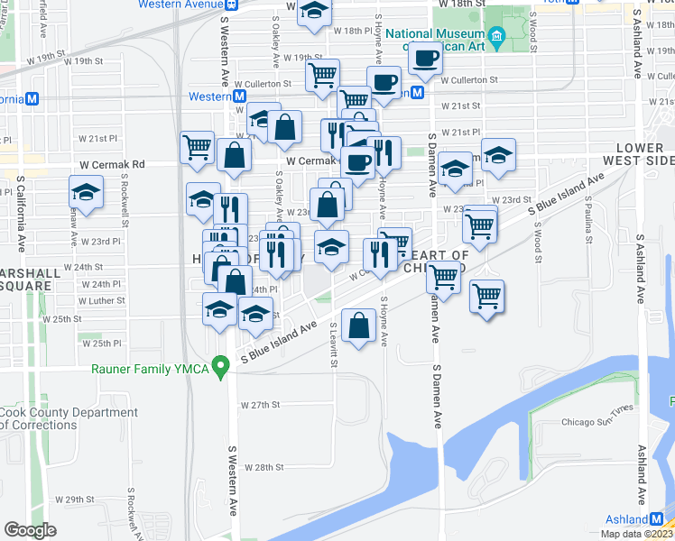 map of restaurants, bars, coffee shops, grocery stores, and more near 2358 South Leavitt Street in Chicago